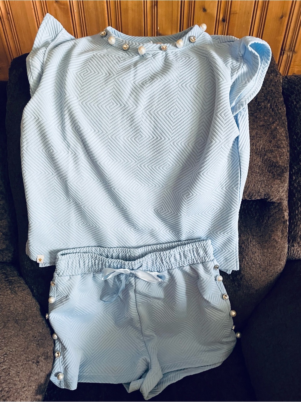 NWT! Simply Southern Light Blue Two-Piece Shorts Set w/ Pearl & Crystal Button